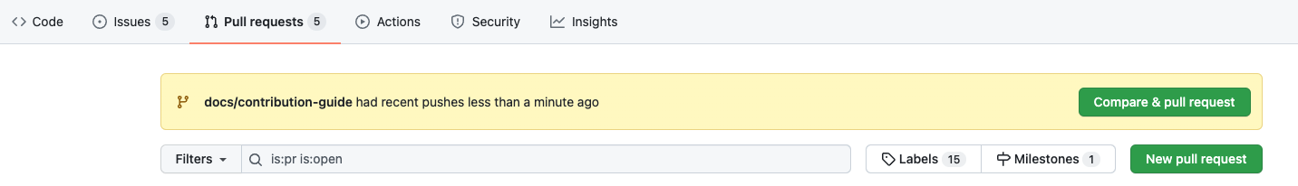 Screenshot of the location of new pull request button on Github